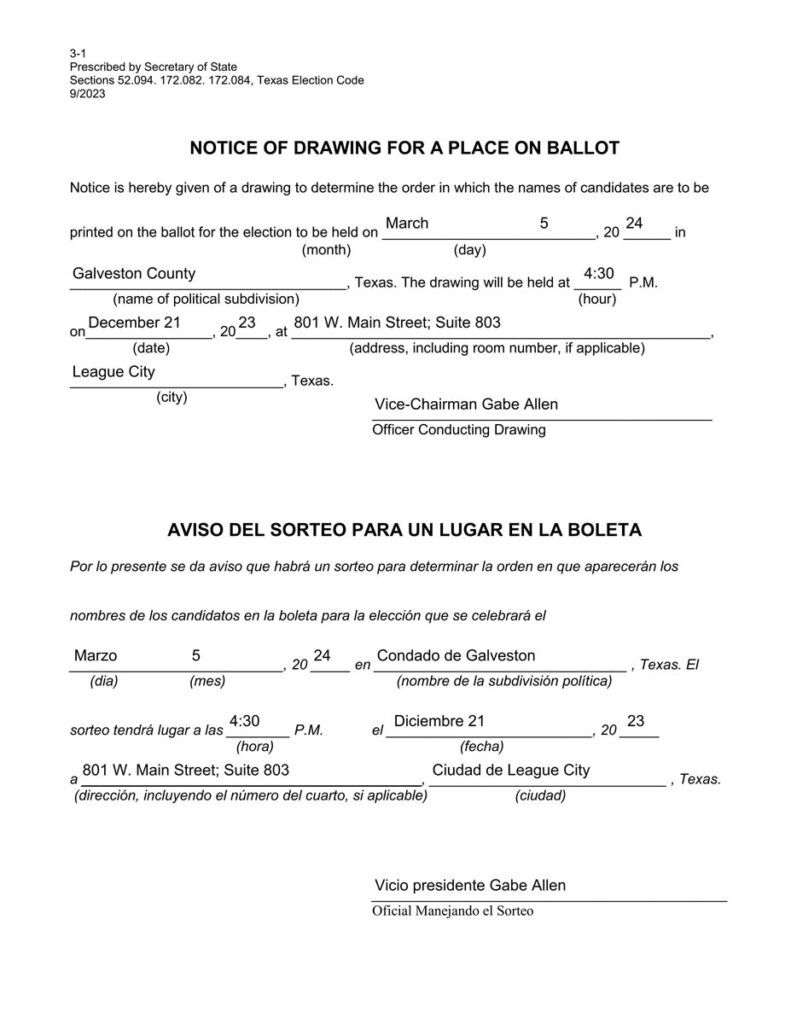 Galveston County Ballot Draw Notice